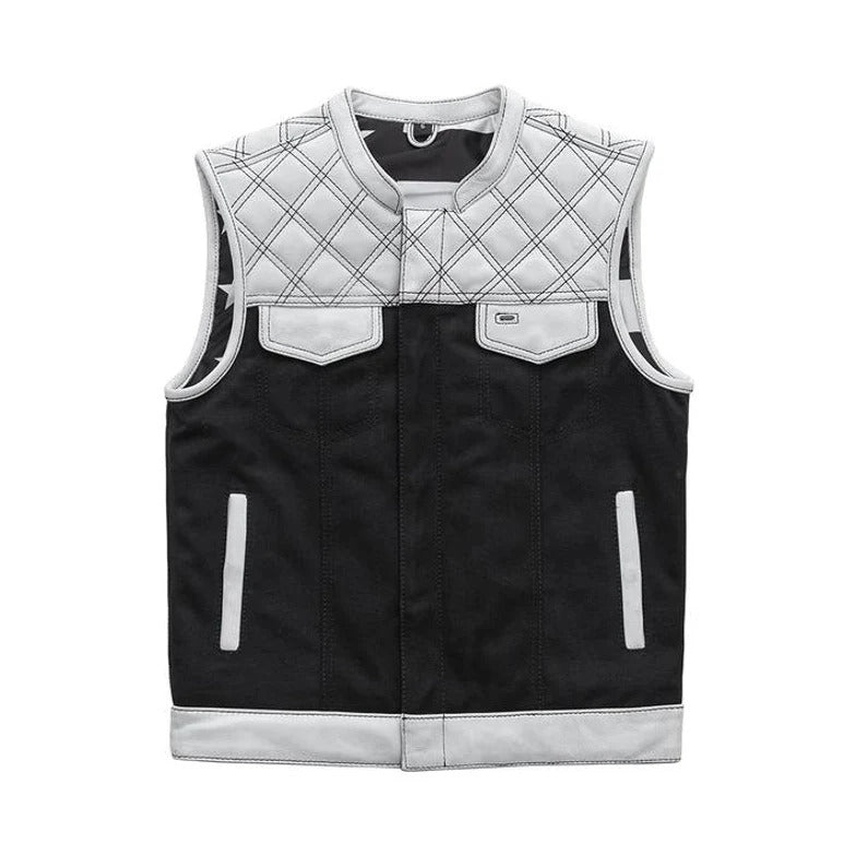 Men's Black and White Quilted Leather Motorcycle Vest