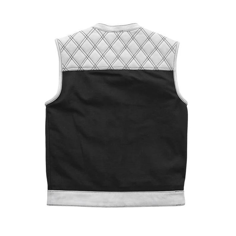 Men's Black and White Quilted Leather Motorcycle Vest