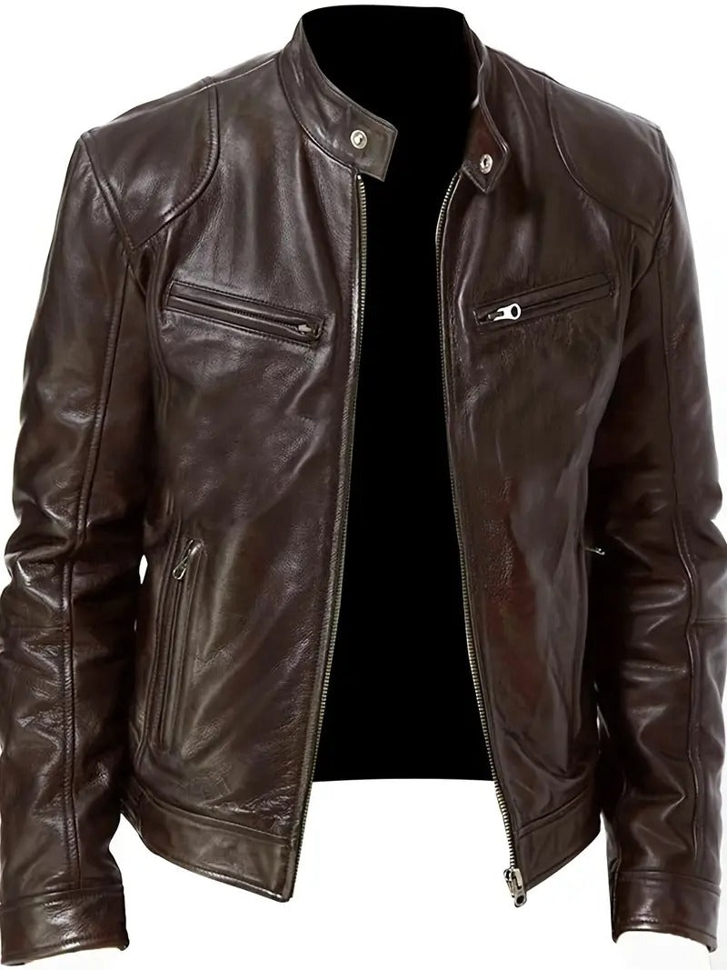 Dark Brown Leather Biker Jacket With Shoulder Panel