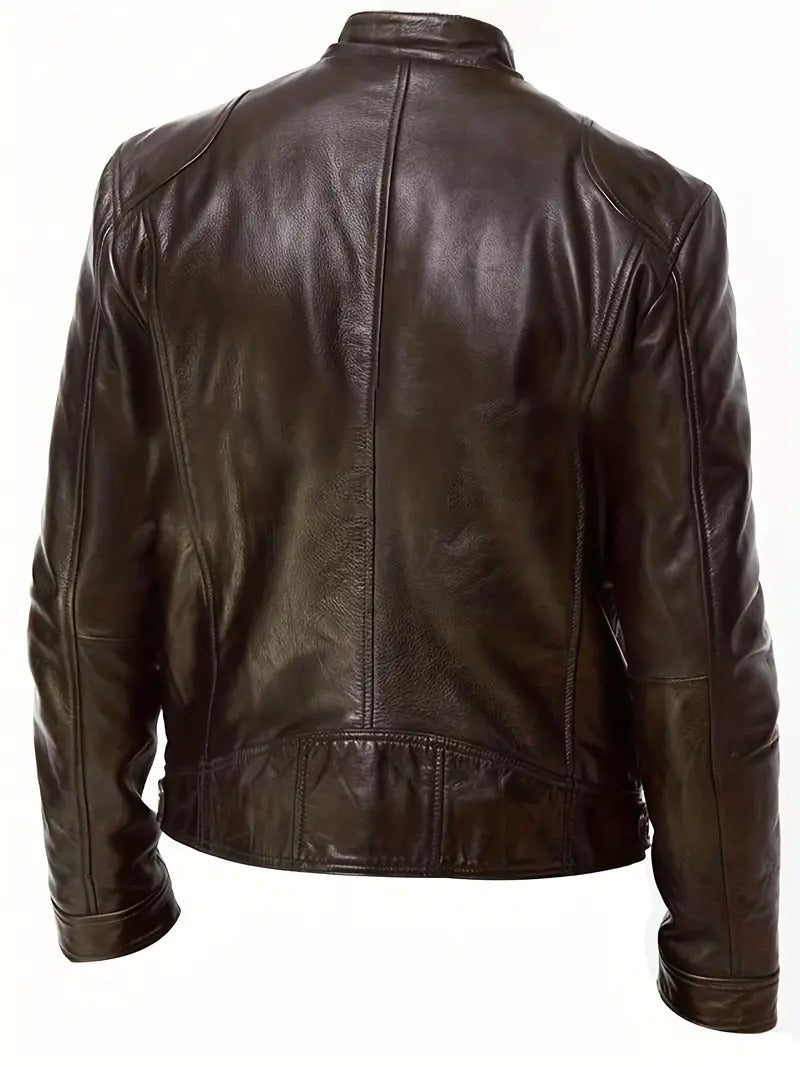 Dark Brown Leather Biker Jacket With Shoulder Panel