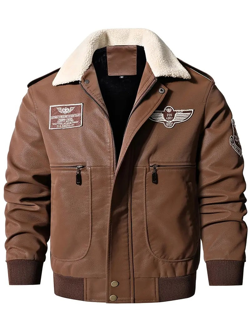 Men's Aviator Bomber Jacket with Patches and Sherpa Collar