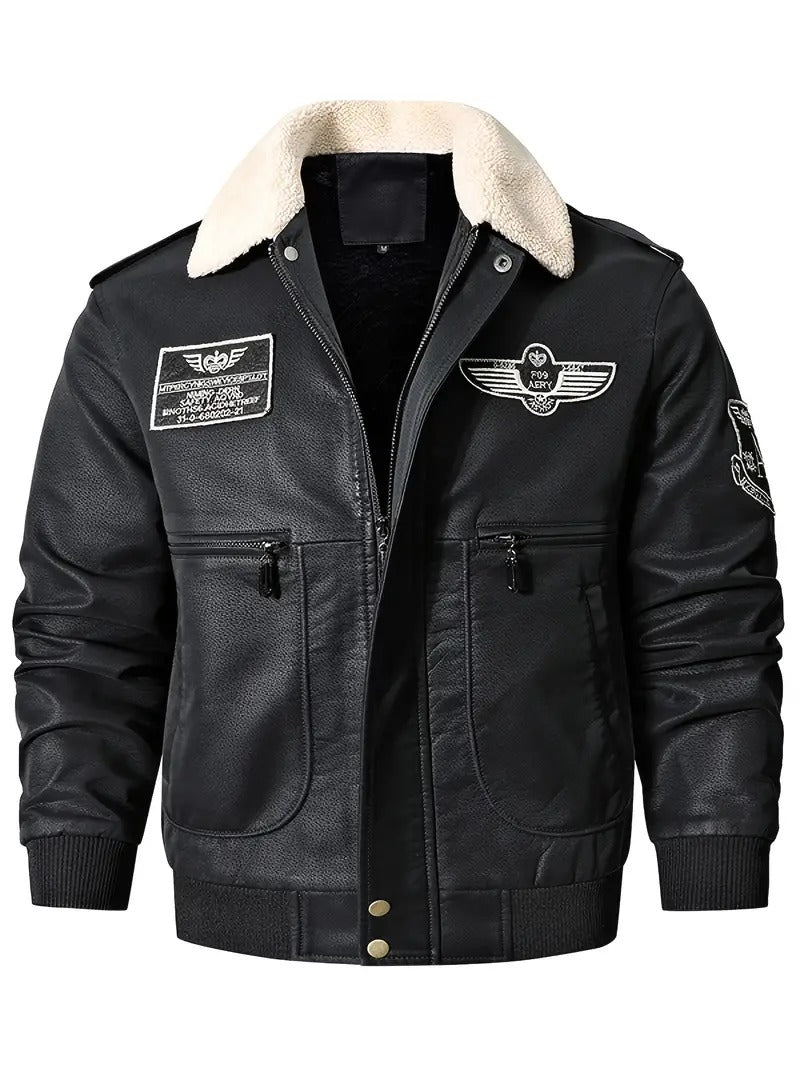 Men's Aviator Bomber Jacket with Patches and Sherpa Collar