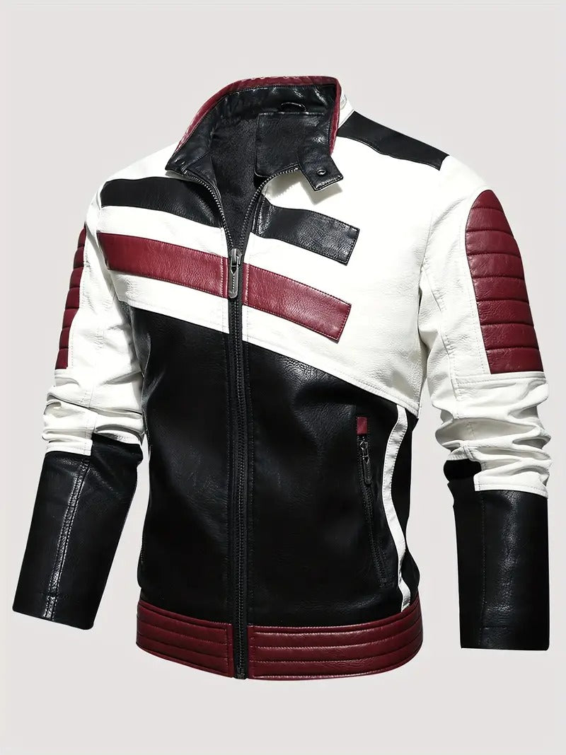 Men's Bold Tri-Color Moto Jacket – Black, White, and Burgundy Leather Biker Style