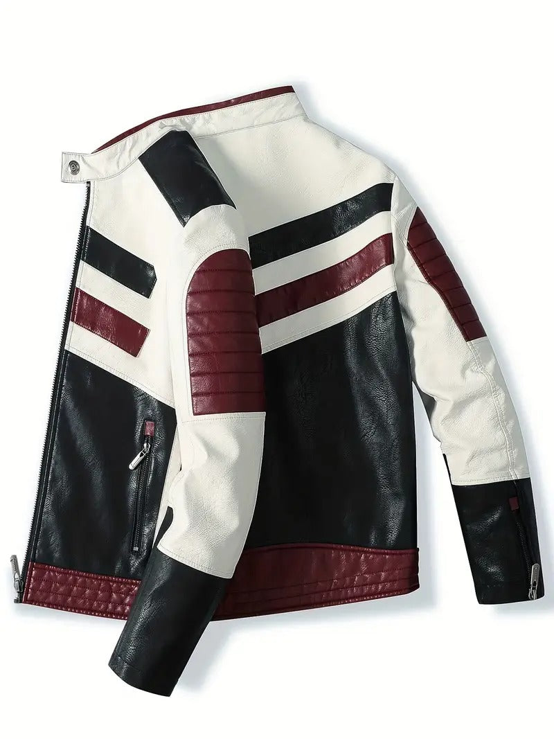 Men's Bold Tri-Color Moto Jacket – Black, White, and Burgundy Leather Biker Style