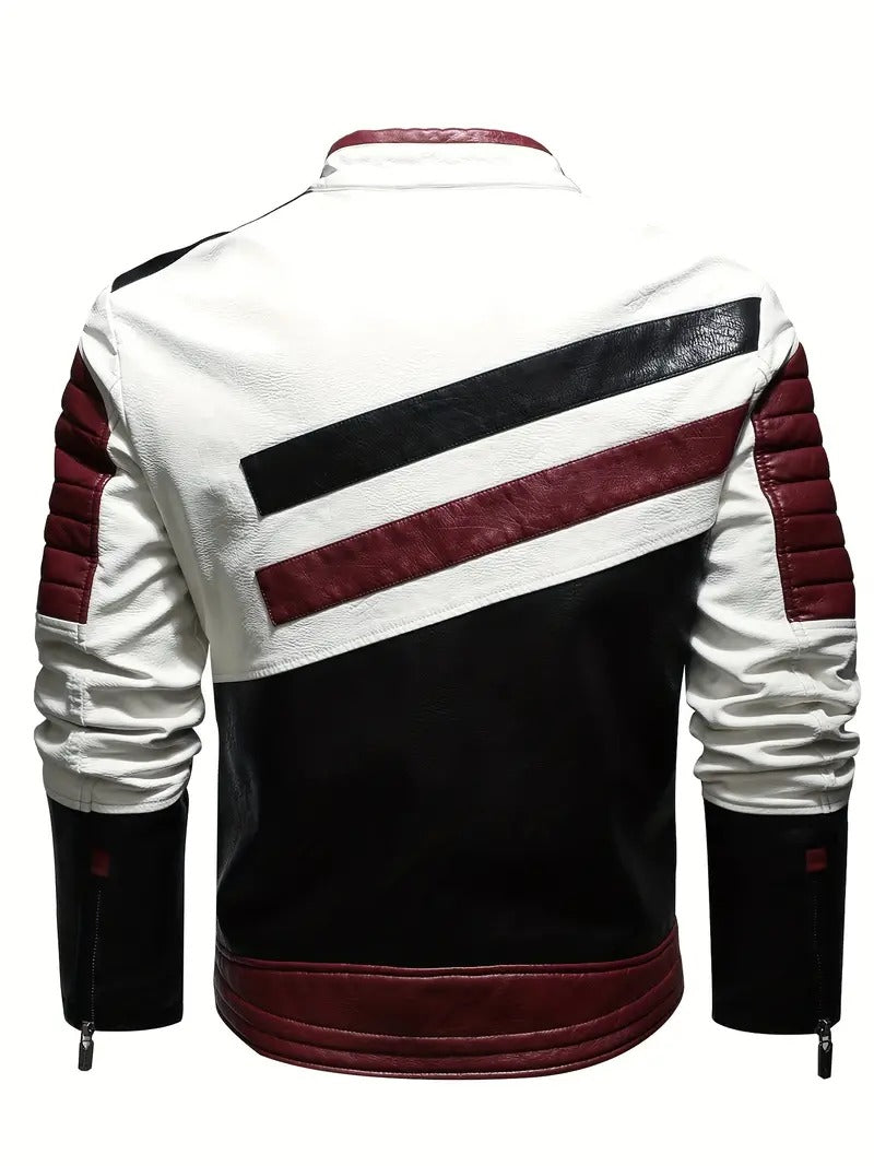 Men's Bold Tri-Color Moto Jacket – Black, White, and Burgundy Leather Biker Style