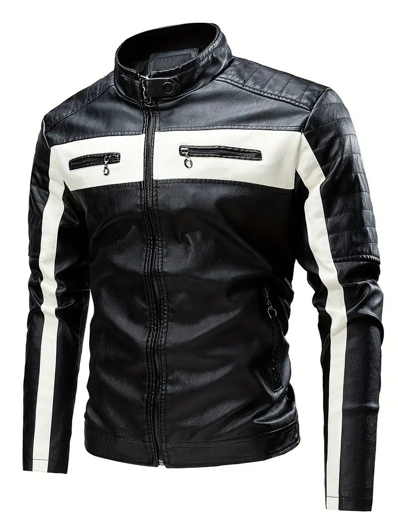 Black/White Cafe Racer Biker Leather Jacket