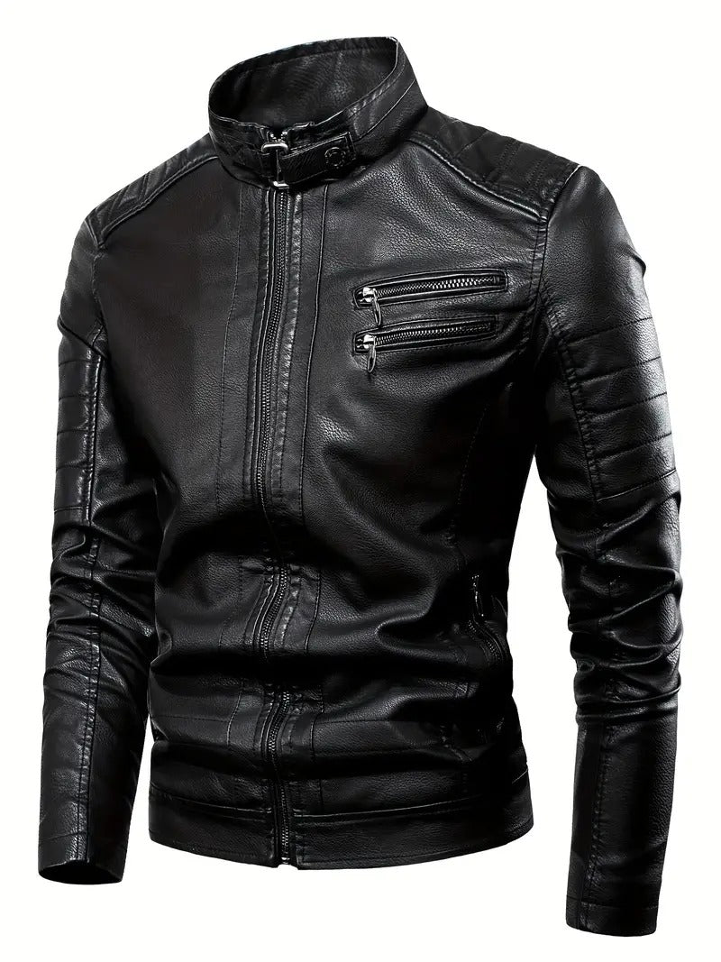 Men's Black Leather Aviator Jacket with collar