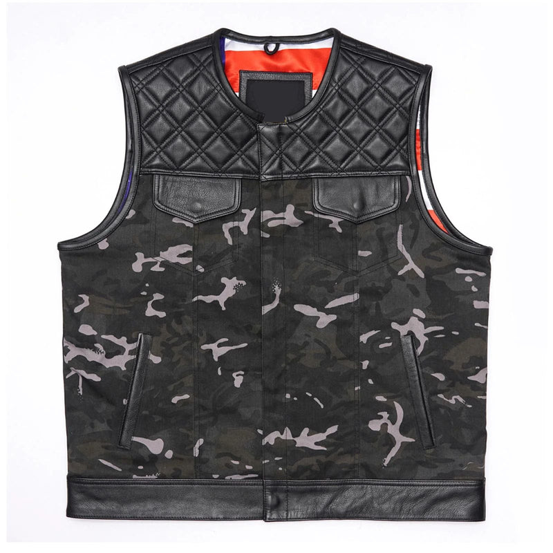 Ride in Style: Black Leather Biker Vest with Camo Flair