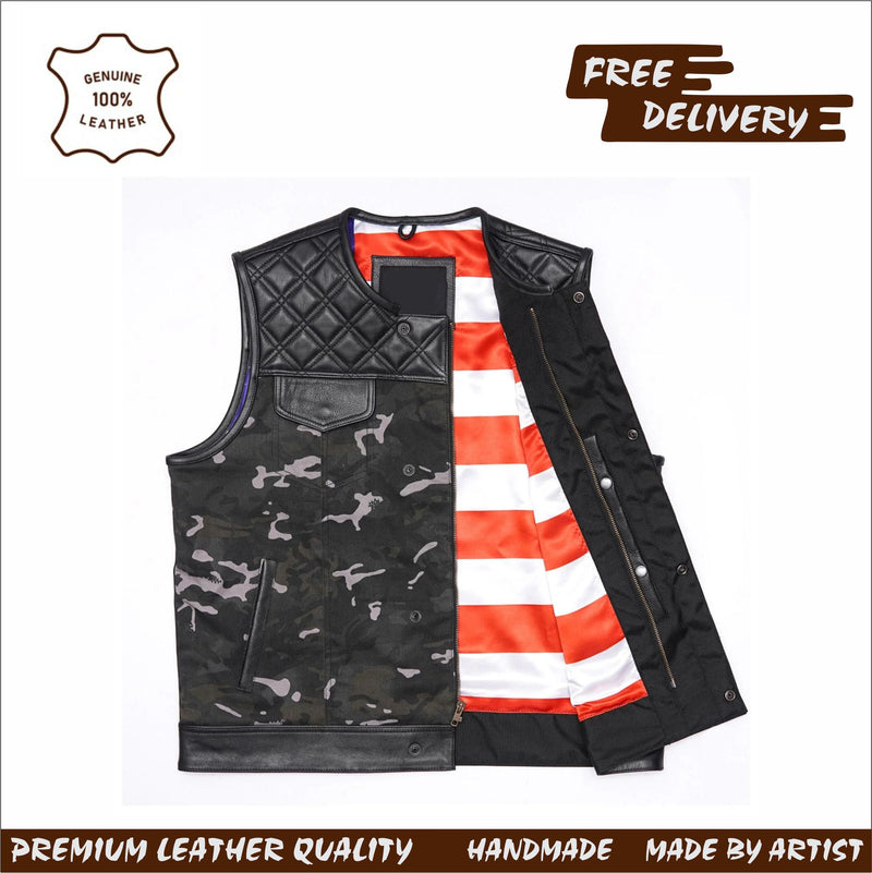 Ride in Style: Black Leather Biker Vest with Camo Flair