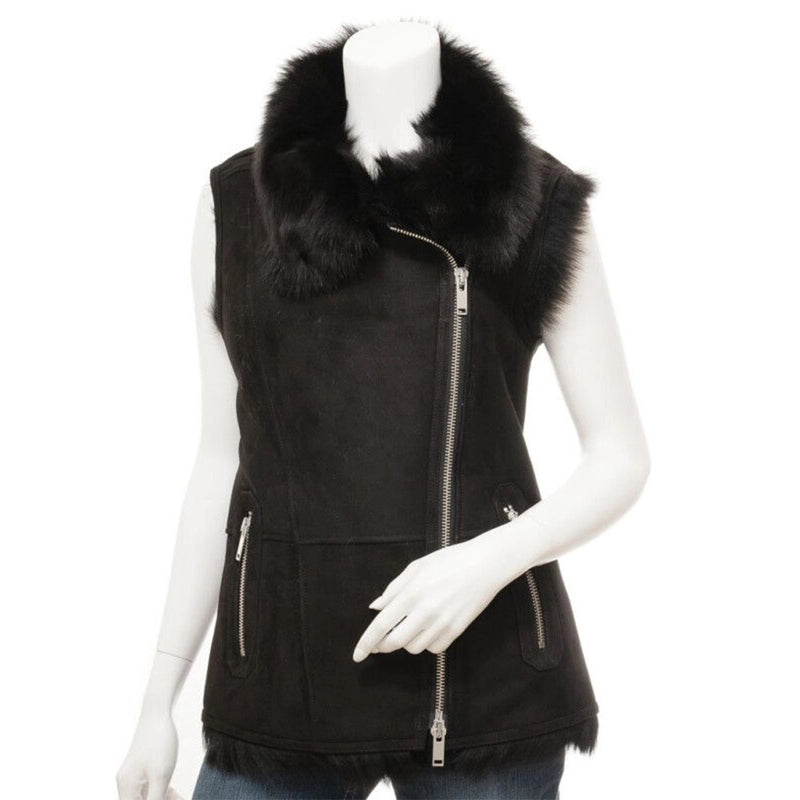 Women's Black Toscana Shearling Leather Vest