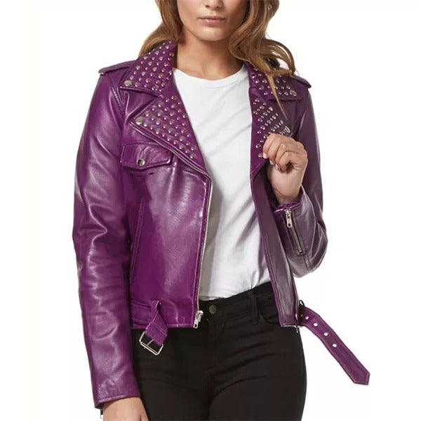 Rockstar Ladies Purple Studded Rock Chic Biker Leather Jacket