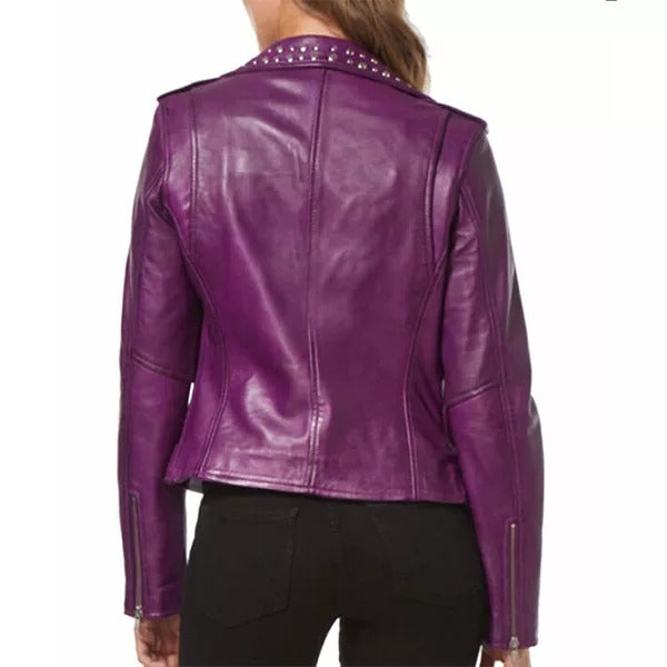 Rockstar Ladies Purple Studded Rock Chic Biker Leather Jacket