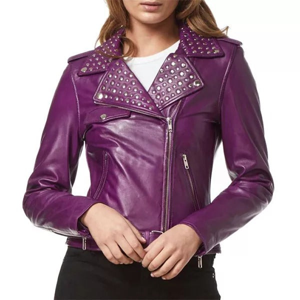 Rockstar Ladies Purple Studded Rock Chic Biker Leather Jacket