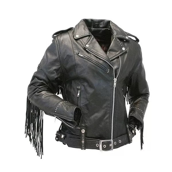 Women’s Motorcycle Black Fringe Leather Jacket