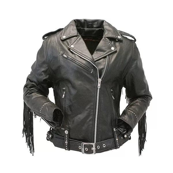 Women’s Motorcycle Black Fringe Leather Jacket