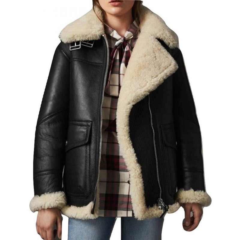 Women’s Ivory Shearling Black Leather Jacket