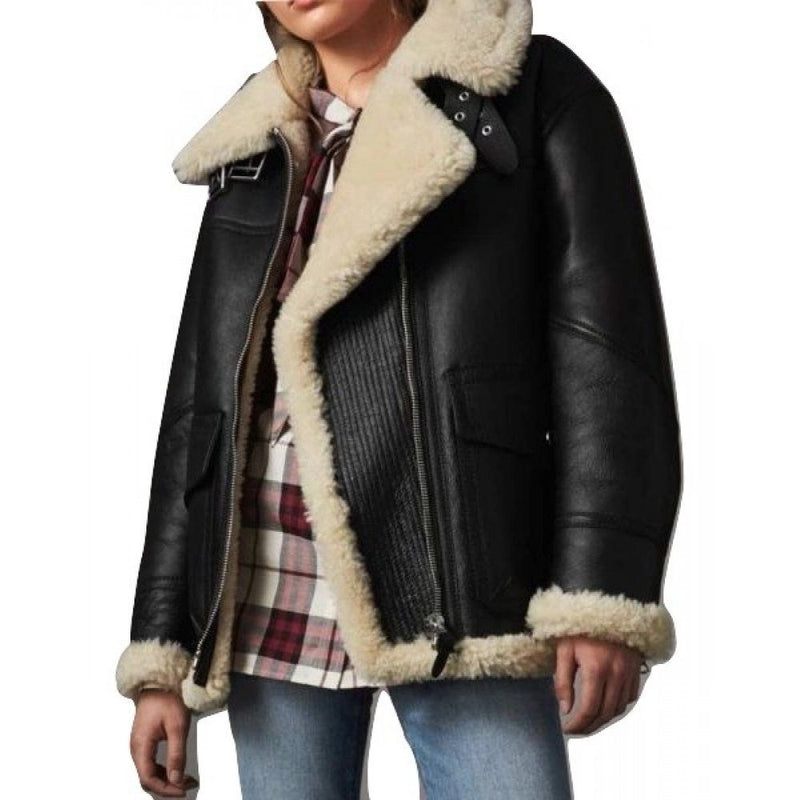 Women’s Ivory Shearling Black Leather Jacket