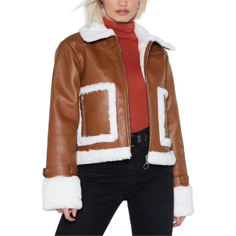 Women’s Brown Cropped Aviator Leather Jacket