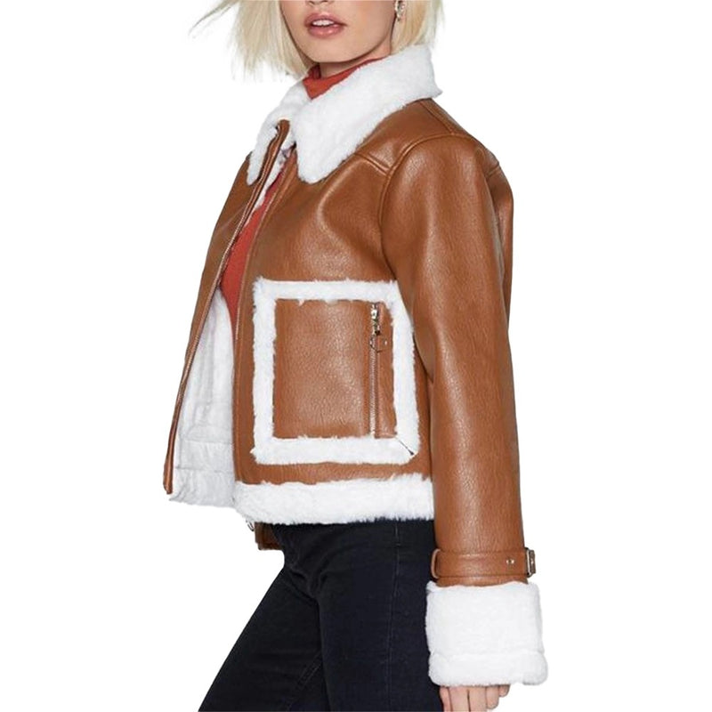 Women’s Brown Cropped Aviator Leather Jacket