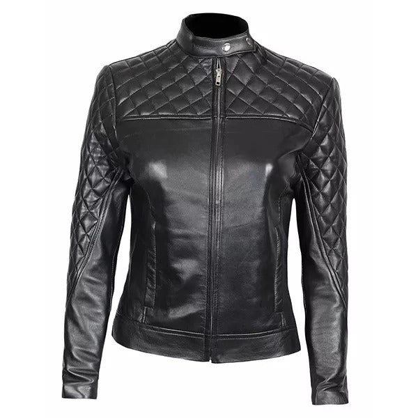 Women’s Black Dimond Quilted Motorcycle Leather Jacket