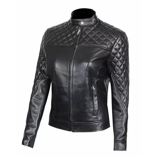 Women’s Black Dimond Quilted Motorcycle Leather Jacket