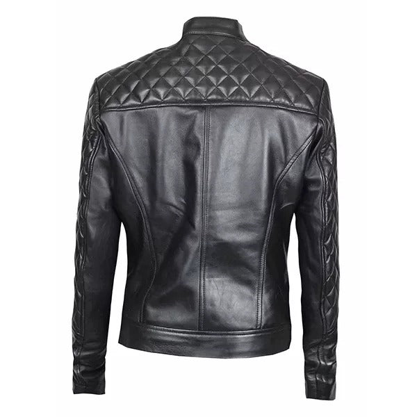 Women’s Black Dimond Quilted Motorcycle Leather Jacket