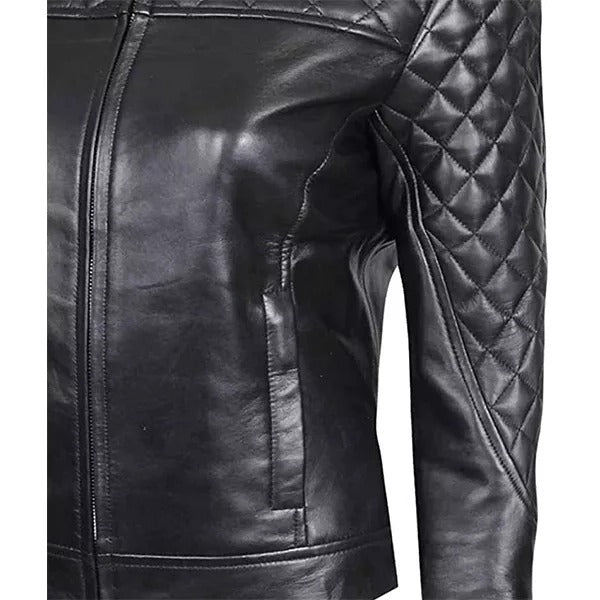 Women’s Black Dimond Quilted Motorcycle Leather Jacket