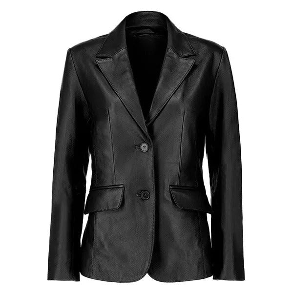 Women's Two-Button Black Leather Blazer