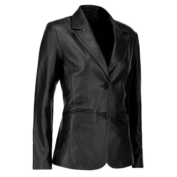 Women's Two-Button Black Leather Blazer