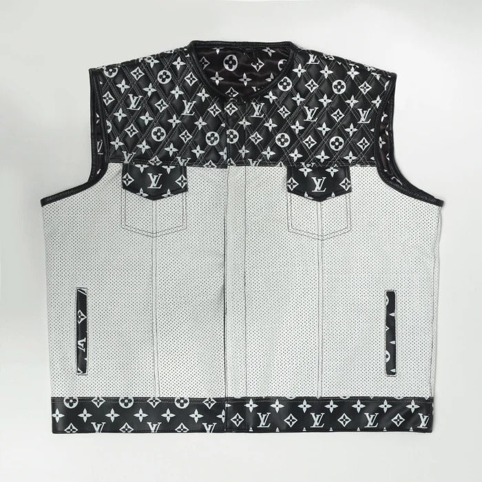 Men's White and Black Paisley Leather Motorcycle Vest