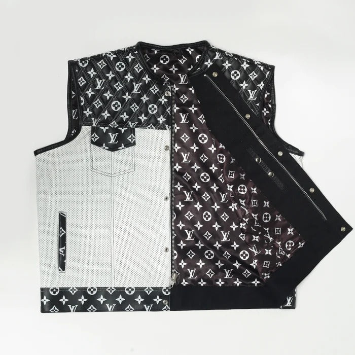 Men's White and Black Paisley Leather Motorcycle Vest