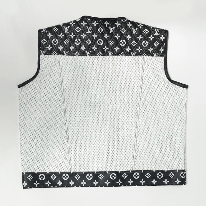 Men's White and Black Paisley Leather Motorcycle Vest