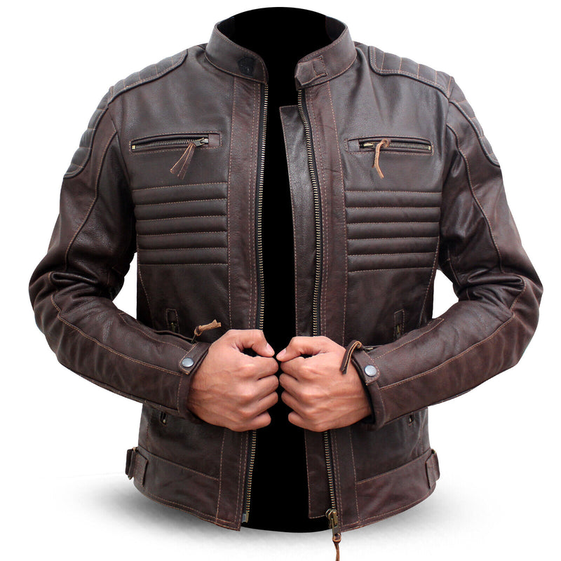 Men's Vintage Brown Leather Biker Jacket – Classic Moto Style with Quilted Detailing